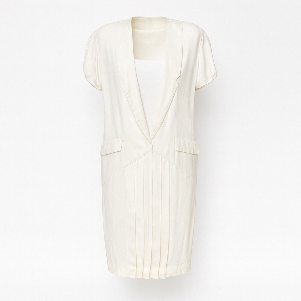 80s Cream Pleated Shift Dress Size L Nautical Minimalist Big Shoulder Pads
